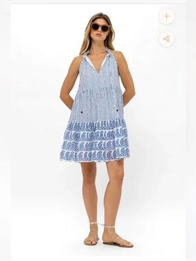 Oliphant Blue & White Halter Tiered Paisley Mini Dress